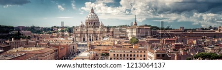 Panoramic view of Rome with St Peter\'s Basilica in Vatican City, Italy. Beautiful Roma skyline. Nice panorama of Rome from above. Rome cityscape with landmark in summer. Horizontal banner with Rome.