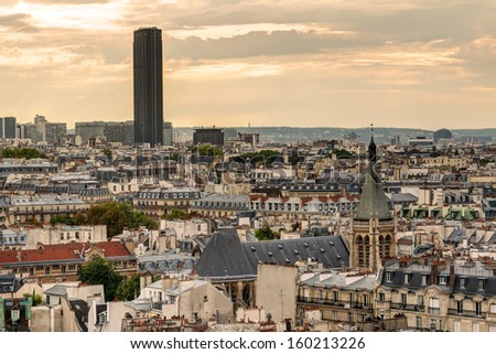Paris skyline with Maine-Montparnasse Tower at sunset
