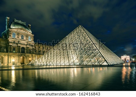 PARIS - SEPTEMBER 25: Louvre museum at night on september 25, 2013 in Paris. The Louvre is one of the largest museums in the world and one of the major tourist attractions of Paris.