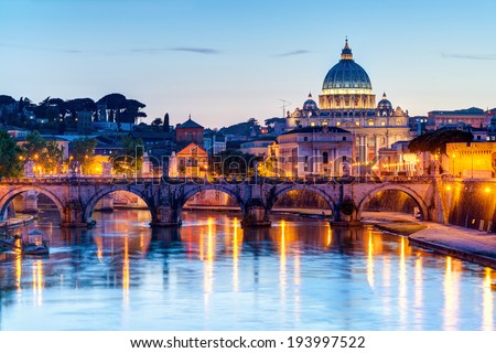 Night view at St. Peter\'s cathedral in Rome, Italy