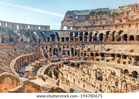 ROME - MAY 1O: Colosseum (Coliseum) on may 10, 2014 in Rome, Italy. The Colosseum is an important monument of antiquity and is one of the main tourist attractions of Rome.