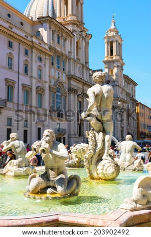 ROME, ITALY - MAY 9, 2014: Fontana del Moro (Moor Fountain) at the Piazza Navona. Piazza Navona is one of the main tourist attractions of Rome.