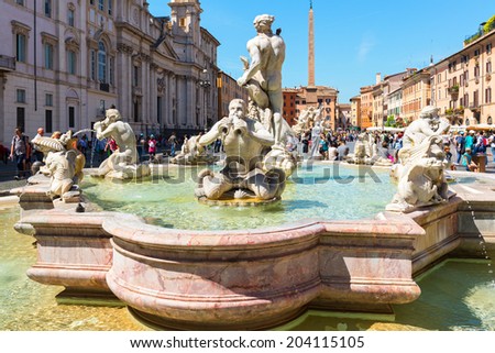 ROME, ITALY - MAY 9, 2014: Fontana del Moro (Moor Fountain) at the Piazza Navona. Piazza Navona is one of the main tourist attractions of Rome.