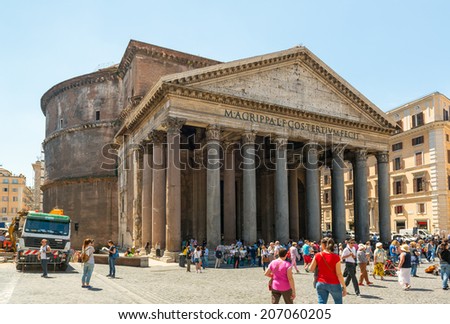ROME, ITALY - MAY 9, 2014: Tourists visit the Pantheon. Pantheon is a famous monument of ancient Roman culture, the temple of all the gods, built in the 2nd century.