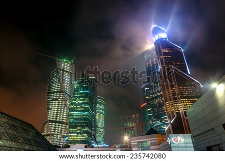 MOSCOW - 27 NOV, 2014: Moscow-city (Moscow International Business Center) at night. The Federation Tower and Mercury City Tower are the highest in Europe.