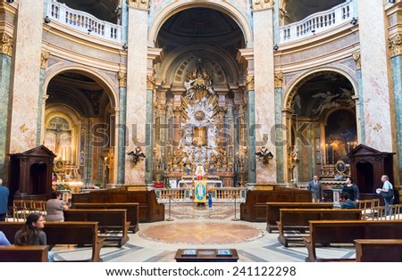 ROME, ITALY - MAY 9, 2014: The interior of the old church in the Baroque style. Old Roman church is very beautiful and ornate.