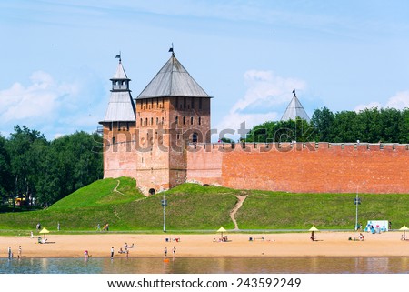 NOVGOROD THE GREAT, RUSSIA - JUNE 12, 2014: The Kremlin walls on the bank of the Volkhov river. UNESCO recognised Novgorod as a World Heritage Site in 1992.