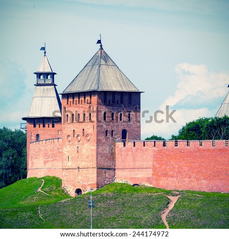 The Kremlin walls in Veliky Novgorod (Novgorod the Great), Russia. Vintage photo.