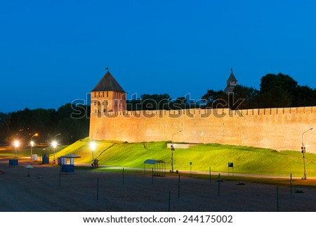 The Kremlin walls at night in Veliky Novgorod (Novgorod the Great), Russia