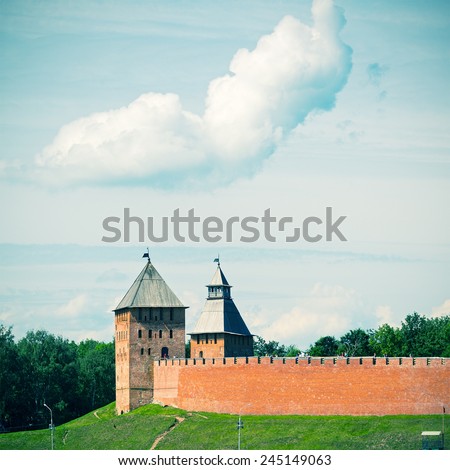 The Kremlin walls in Novgorod the Great, Russia. Vintage photo.