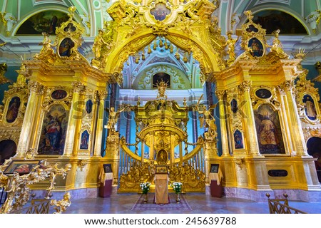 ST PETERSBURG, RUSSIA - JUNE 13, 2014: Interior of Peter and Paul Cathedral. Russian emperors are buried here.