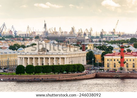 Old Saint Petersburg Stock Exchange (Bourse) and Rostral Column in St Petersburg, Russia
