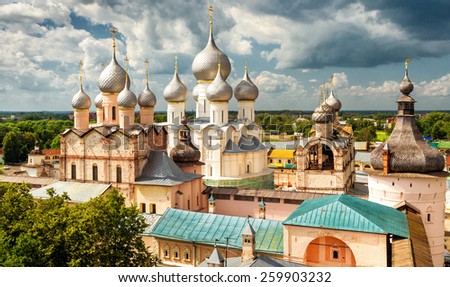 Assumption Cathedral and church of the Resurrection in Rostov Kremlin, Rostov the Great, Russia. Included in World Heritage list of UNESCO