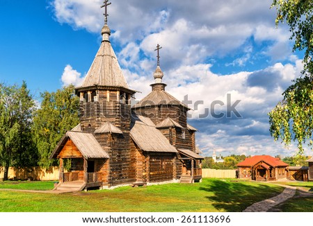 The traditional russian wooden church for tourists in the ancient town of Suzdal, Russia. Golden Ring of Russia.