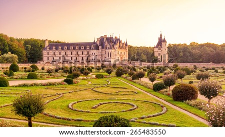 The Chateau de Chenonceau at sunset, France. This castle is located near the small village of Chenonceaux in the Loire Valley, was built in the 15-16 centuries and is a tourist attraction.