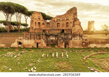 The ruins of the stadium of Domitian on the Palatine Hill at sunset in Rome, Italy