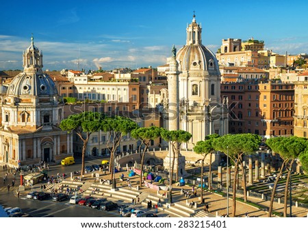 ROME, ITALY - OCTOBER 4, 2012: Forum of Trajan with its famous column. The Imperial Fora and the Roman Forum is one of the main attractions.
