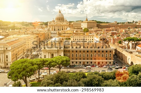 ROME - OCTOBER 2, 2012: Rome cityscape, Basilica of St. Peter in the distance.