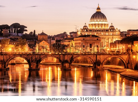 Night view of San Pietro (Saint Peter basilica) in Rome, Italy