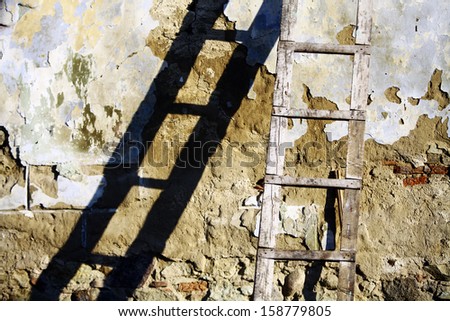 Color shot of a used wooden ladder with its shadow