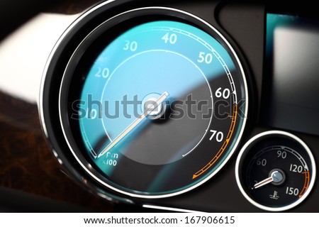 Detail of a tachometer and a coolant temperature gauge in a car