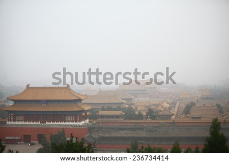 High angle horizontal shot of the entrance to the Forbidden City in Beijing,  China.