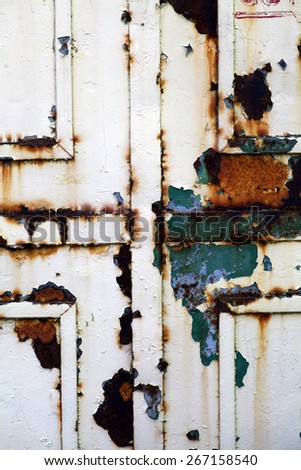 Picture of a metal door with cracked white paint.