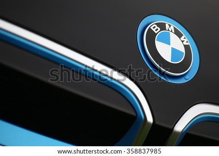 Bucharest, Romania - November 10, 2015: Detail of the vent of a BMW i3 logo on a car. BMW i3 is a five-door urban electric car developed by the German manufacturer BMW.