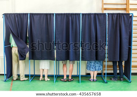 Color image of some people voting in some polling booths at a voting station.