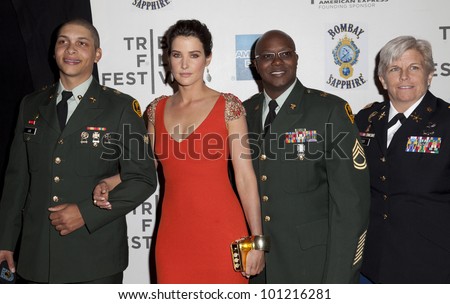 NEW YORK - APRIL 28: Cobie Smulders & military officers attend \'Marvel\'s The Avengers\' Premiere during the 2012 Tribeca Film Festival at Borough of Manhattan Community College on April 28, 2012 in NYC
