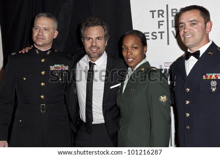 NEW YORK - APRIL 28: Mark Ruffalo & military officers attend Marvel\'s The Avengers Premiere during the 2012 Tribeca Film Festival at the Borough of Manhattan Community College on April 28, 2012 in NYC