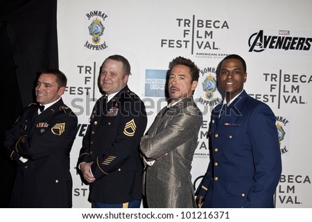 NEW YORK - APRIL 28: Robert Downey Jr. & military officers attend \'Marvel\'s The Avengers\' Premiere during the 2012 Tribeca Film Festival at Manhattan Community College on April 28, 2012 in NYC