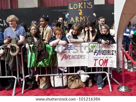 NEW YORK - APRIL 28: Fans await arrival of cast members at \'Marvel\'s The Avengers\' Premiere during the 2012 Tribeca Film Festival at the Borough of Manhattan Community College on April 28, 2012 in NYC