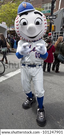 NEW YORK - APRIL 28: Mr. Mets mascot of baseball team Mets attends Family festival during the 2012 Tribeca Film festival on Greenwich street on April 28, 2012 in New York City