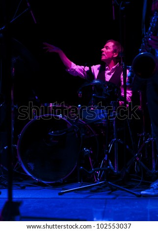 NEW YORK - MAY 09: Dougie Bowne drums of Dougie Bowne\'s Peninsula band performs as part of NYC Undead Jazz Festival at Le Poisson Rouge on May 09, 2012 in New York City
