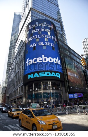 NEW YORK - MAY 18: Sign announcing Facebook IPO is flashed on a screen outside the NASDAQ stock exchange at the opening bell in Times Square on May 18, 2012 in New York City.