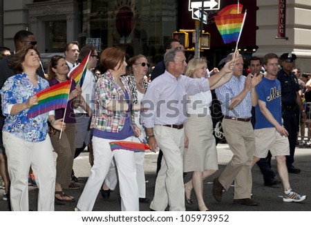 NEW YORK - JUNE 24: US Senator Kirsten Gillibrand, Mayor Michael Bloomberg & City Council Speaker Christine Quinn attend 2012 New York City\'s Pride March in New York on June 24, 2012.