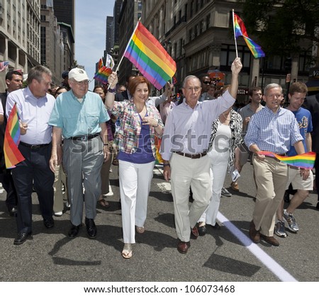 NEW YORK - JUNE 24: Mayor Michael Bloomberg & City Council Speaker Christine Quinn attend 2012 New York City's Pride March in New York on June 24, 2012.