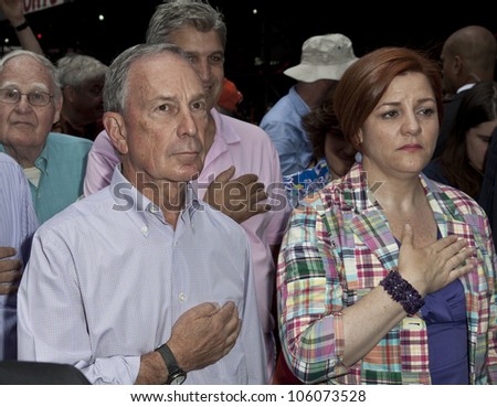 NEW YORK - JUNE 24: Mayor Michael Bloomberg & City Council Speaker Christine Quinn attend 2012 New York City\'s Pride March in New York on June 24, 2012.