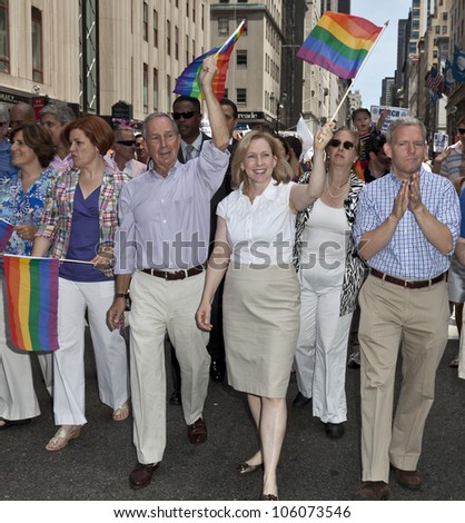 NEW YORK - JUNE 24: US Senator Kirsten Gillibrand, Mayor Michael Bloomberg & City Council Speaker Christine Quinn attend 2012 New York City\'s Pride March in New York on June 24, 2012.