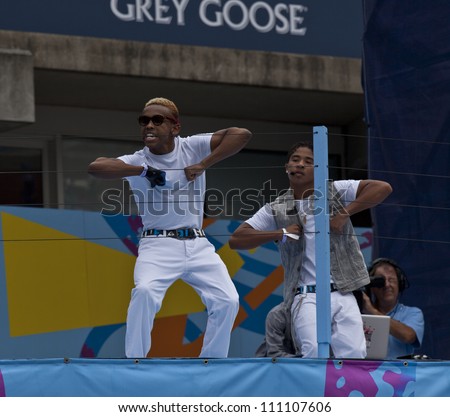 NEW YORK - AUGUST 25: Roc Roayl and Prodigy of Band Mindless Behavior perform at Kids Day at US Open tennis tournament sponsored by Hess on August 25, 2012 in Queens New York