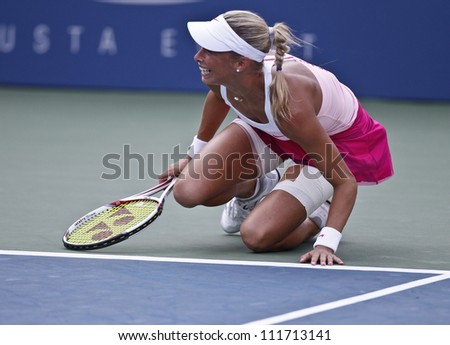 NEW YORK - SEPTEMBER 1: Andrea Hlavackova of Czech Republic celebrate 3rd round match win against Maria Kirilenko at US Open tennis tournament on September 1, 2012 in Flashing Meadows New York