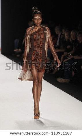 NEW YORK - SEPTEMBER 07: Model walks the runway for Project Runway Collection by Gunnar Deatherage during Spring/Summer 2013 at Mercedes-Benz Fashion Week on September 07, 2012 in New York