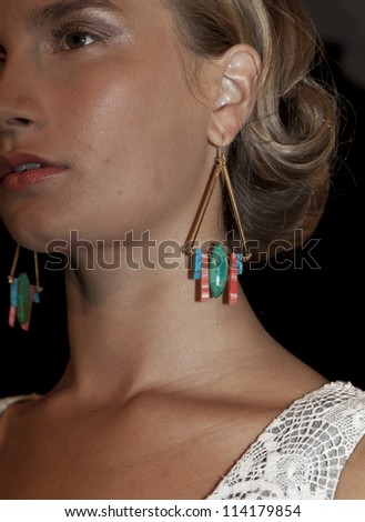 NEW YORK - SEPTEMBER 07: Model shows off jewelry  for Fashion Law Institute Collection by Kelima K during Spring/Summer 2013 at Mercedes-Benz Fashion Week on September 7, 2012 in New York