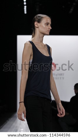 NEW YORK - SEPTEMBER 07: Model rehearses for Academy of Art University Collection during Spring/Summer 2013 at Mercedes-Benz Fashion Week on September 07, 2012 in New York