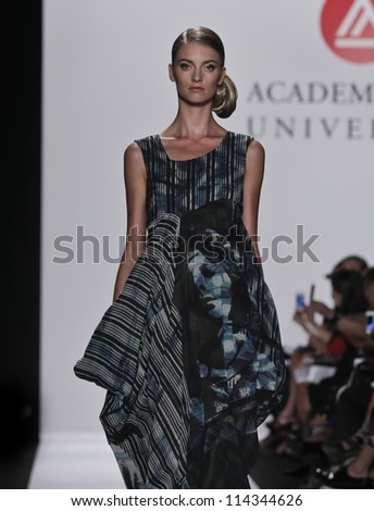 NEW YORK - SEPTEMBER 07: Model walks runway for Academy of Art University Collection sponored by UBIFRANCE during Spring/Summer 2013 at Mercedes-Benz Fashion Week on September 07, 2012 in New York