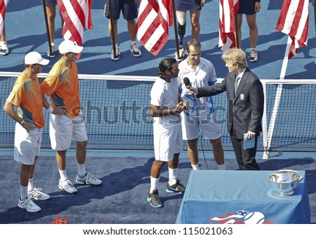 NEW YORK - SEPTEMBER 07: Leander Paes of India & Radek Stepanek of Czech Republic give interview at trophy presentation for men double final at US Open tennis tournament on September 7, 2012 in NYC