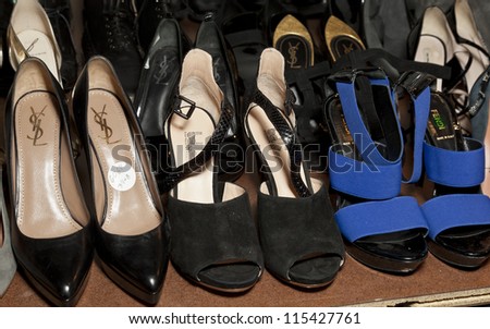 NEW YORK - OCTOBER 11: Shoes on display backstage for opening Miguel Antoinne store and runway show in SOHO on October 11, 2012 in New York City