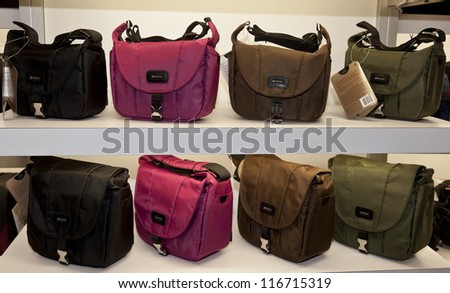 NEW YORK - OCTOBER 25: Newest photo bags Aria series made by Tamrac on display at Photoplus exhibition organized by Photo District News at Javits Convention Center on October 25, 2012 in New York City