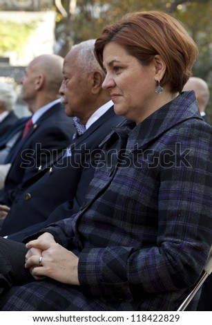 NEW YORK - NOVEMBER 11: City Council spaker Christine Quinn attends opening ceremony for Veteran\'s Day Parade in Madison Square Park on November 11, 2012 in New York City